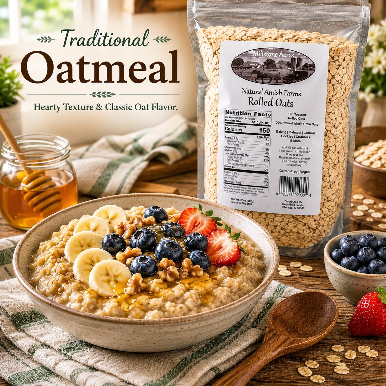Millstone Acres Natural Rolled Oats prepared as traditional oatmeal topped with fresh fruit, nuts, and honey