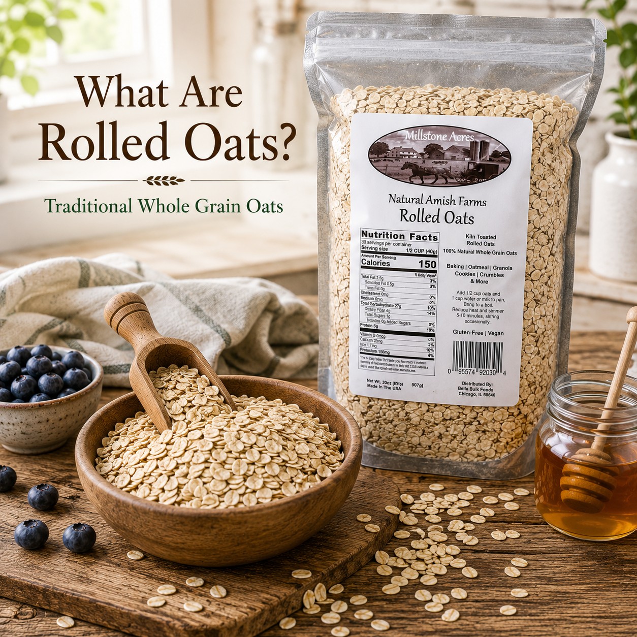 Millstone Acres Natural Rolled Oats package with traditional whole grain rolled oats in a farmhouse kitchen