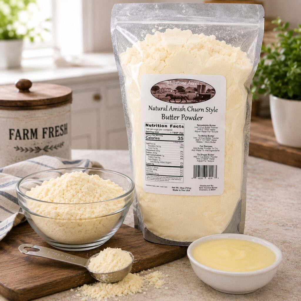 Millstone Acres Natural Salted Butter Powder displayed with a bowl of butter powder, measuring scoop, and prepared butter in a bright farmhouse kitchen.