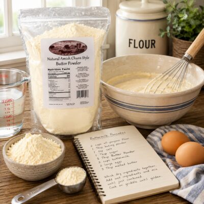 millstone-acres-natural-salted-butter-powder-mixing-recipes-square Millstone Acres Natural Salted Butter Powder being measured and mixed into a homemade recipe with a whisk, eggs, and baking ingredients.