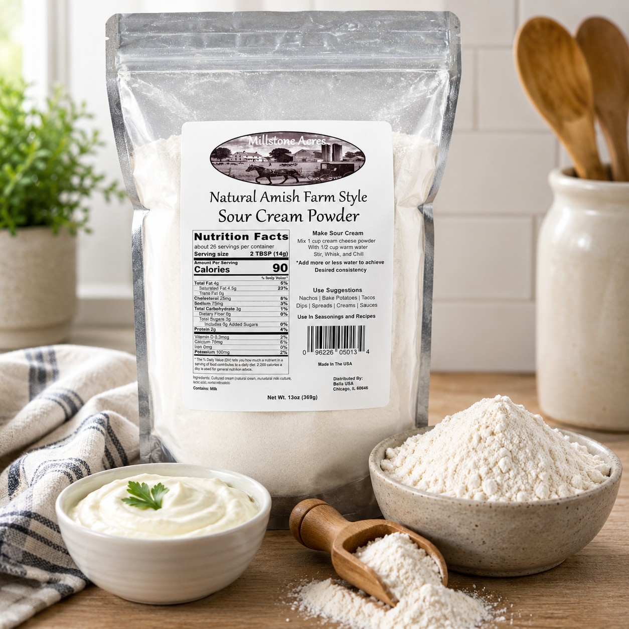Millstone Acres Natural Sour Cream Powder package with a bowl of dry powder and prepared sour cream in a bright farmhouse kitchen.