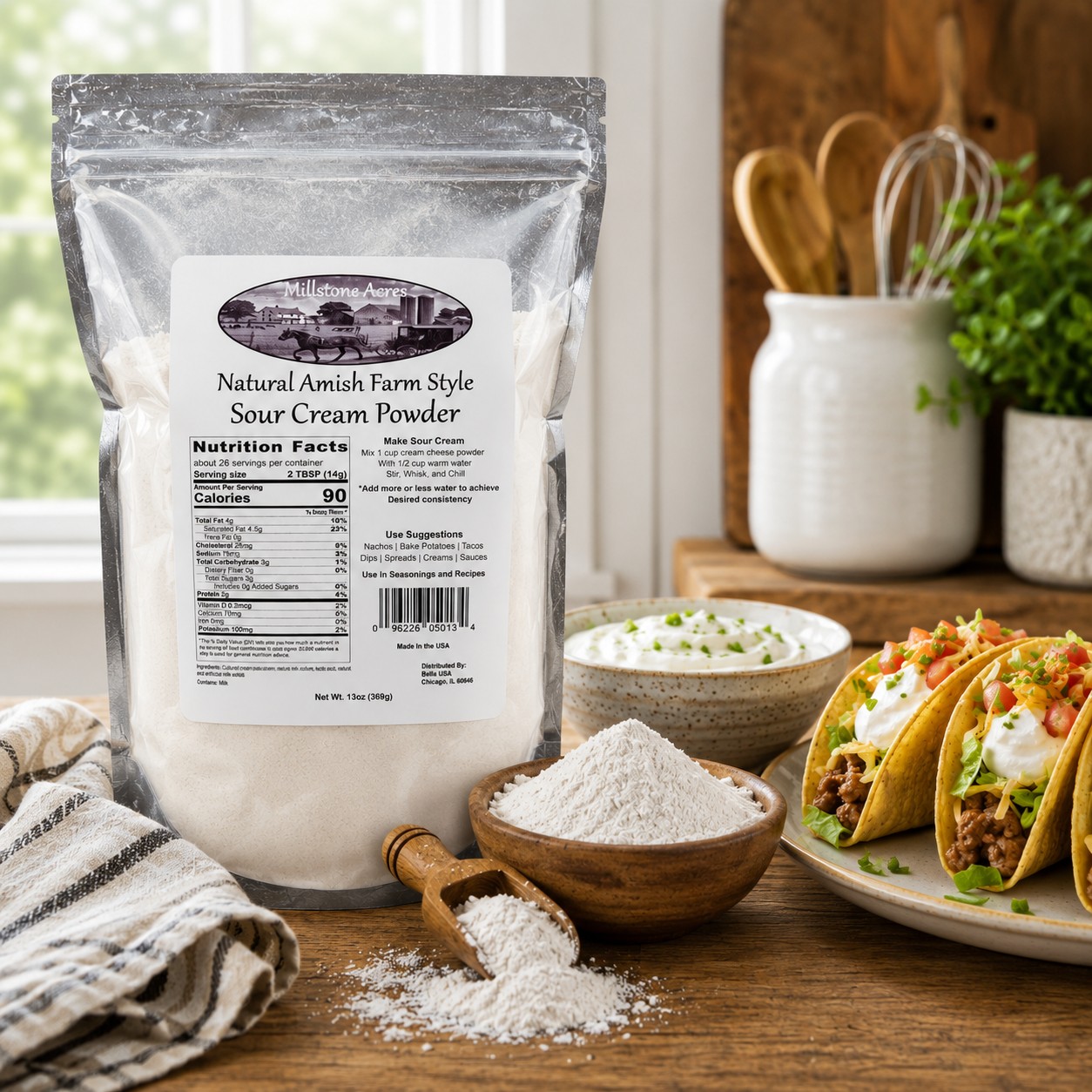 Millstone Acres Natural Sour Cream Powder displayed with creamy mashed potatoes, baked potatoes, tacos, and savory homemade recipes in a bright farmhouse kitchen.
