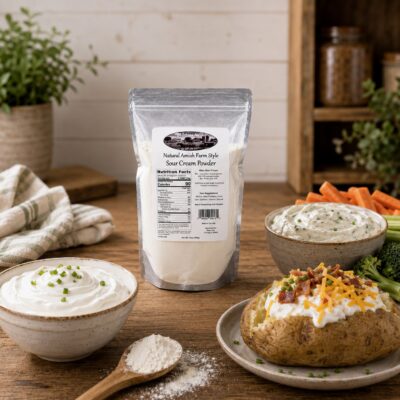 Millstone Acres Natural Sour Cream Powder displayed with creamy dip, loaded baked potato, fresh vegetables, and serving ideas in a bright farmhouse kitchen.