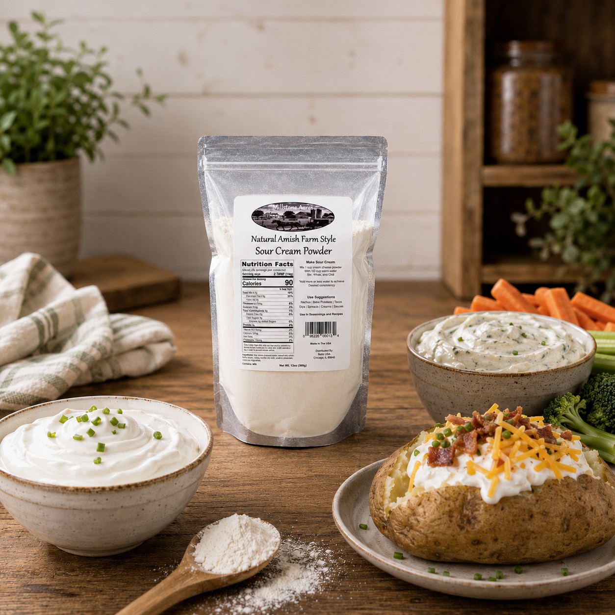 Millstone Acres Natural Sour Cream Powder displayed with homemade ranch dip, onion dip, loaded baked potato, fresh vegetables, and seasoning ingredients in a bright farmhouse kitchen.