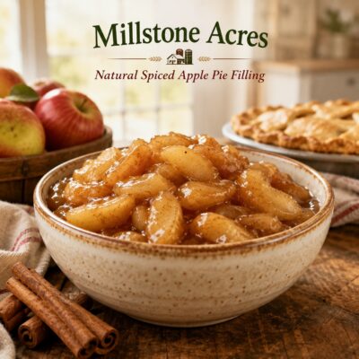 Millstone Acres Natural Spiced Apple Pie Filling in a rustic bowl with fresh apples, cinnamon sticks, and homemade apple pies in a bright farmhouse kitchen.