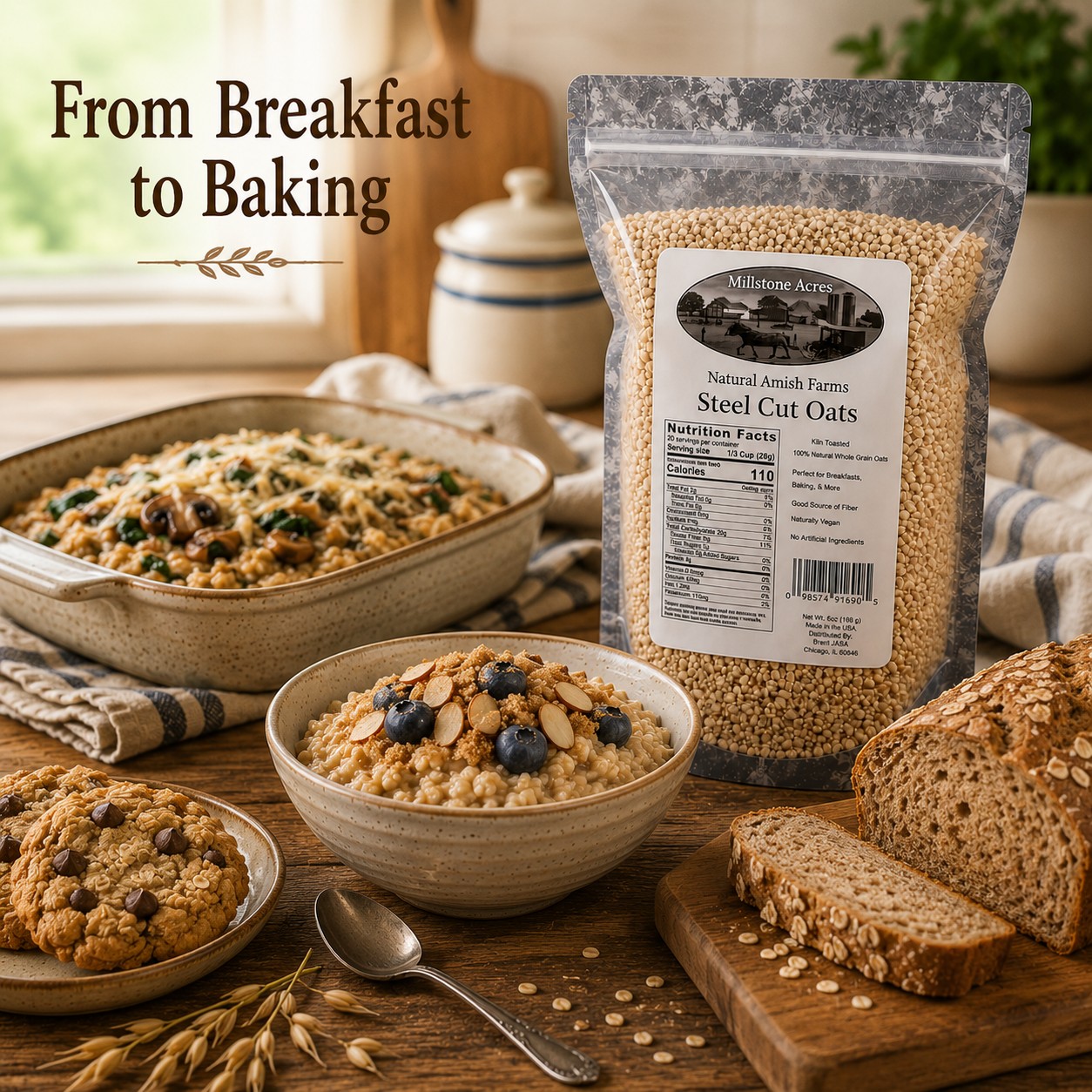 Millstone Acres Natural Steel Cut Oats used in homemade bread, oatmeal cookies, baked casseroles, and hearty breakfast recipes.