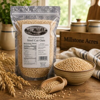 Millstone Acres Natural Steel Cut Oats package beside a bowl and wooden scoop of kiln toasted steel cut oats in a bright farmhouse kitchen.
