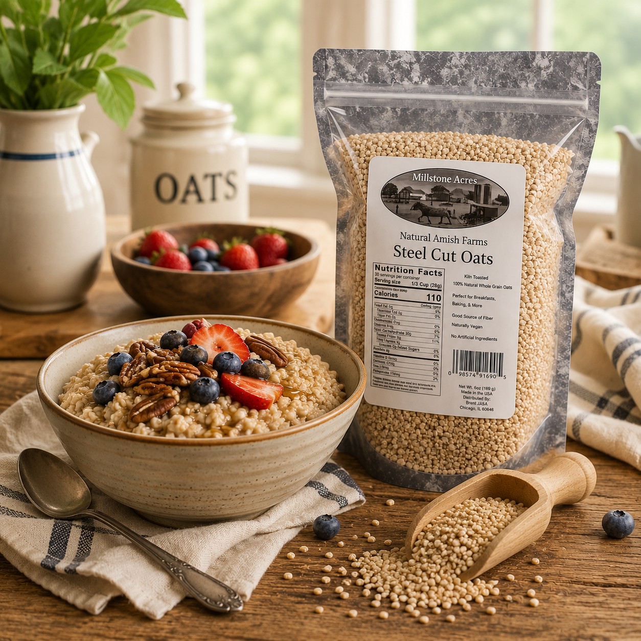 Millstone Acres Natural Steel Cut Oats served as a hearty breakfast with fresh berries, pecans, and our steel cut oats package on a rustic farmhouse table.