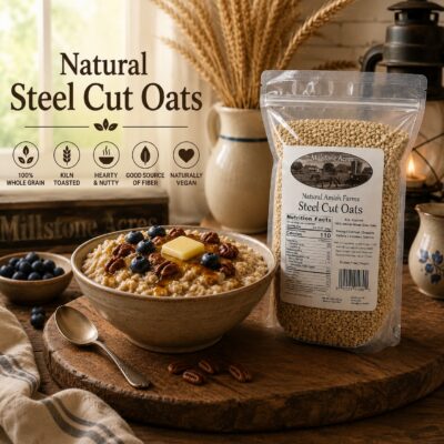 Millstone Acres Natural Steel Cut Oats in a farmhouse kitchen with a hearty bowl of steel cut oatmeal topped with butter, blueberries, pecans, and honey beside a package of kiln toasted whole grain steel cut oats.