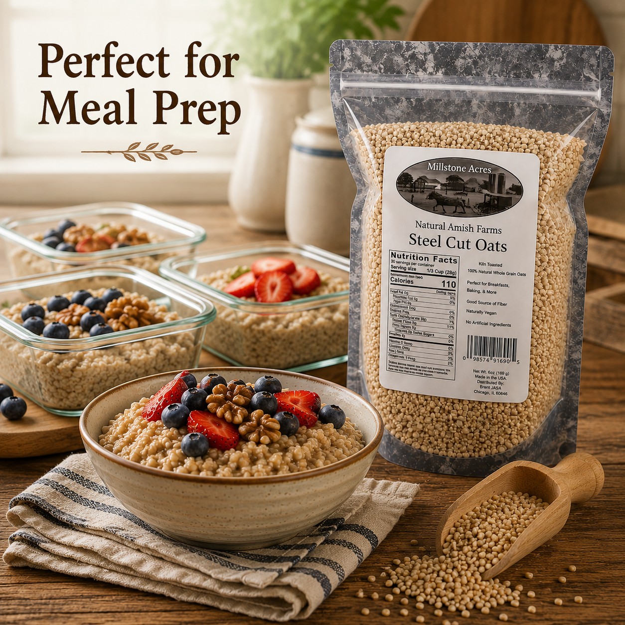 Millstone Acres Natural Steel Cut Oats prepared in make-ahead breakfast containers with fresh fruit and walnuts beside our steel cut oats package.