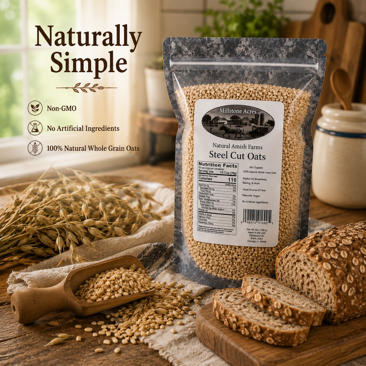 Millstone Acres Natural Steel Cut Oats package displayed with whole grain oats, oat stalks, and fresh homemade oat bread in a rustic farmhouse kitchen.