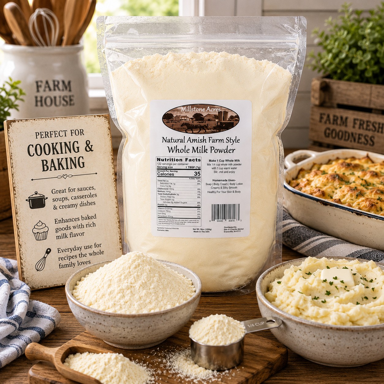Millstone Acres Natural Whole Milk Powder displayed with homemade muffins, cookies, and baked goods in a bright farmhouse kitchen.