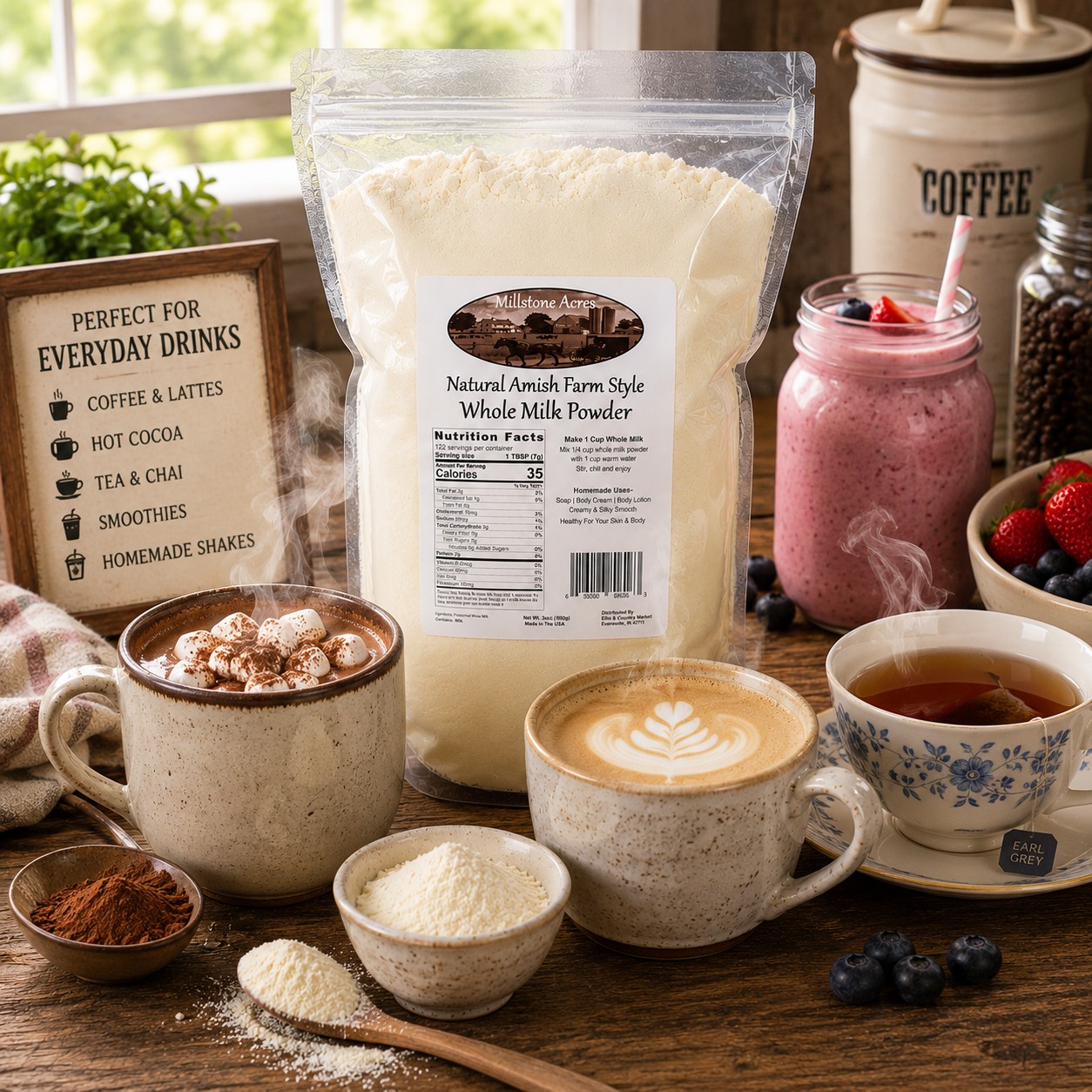 Millstone Acres Natural Whole Milk Powder displayed with homemade hot cocoa, fruit smoothies, oatmeal, coffee, and other creative dairy-inspired recipes in a bright farmhouse kitchen.