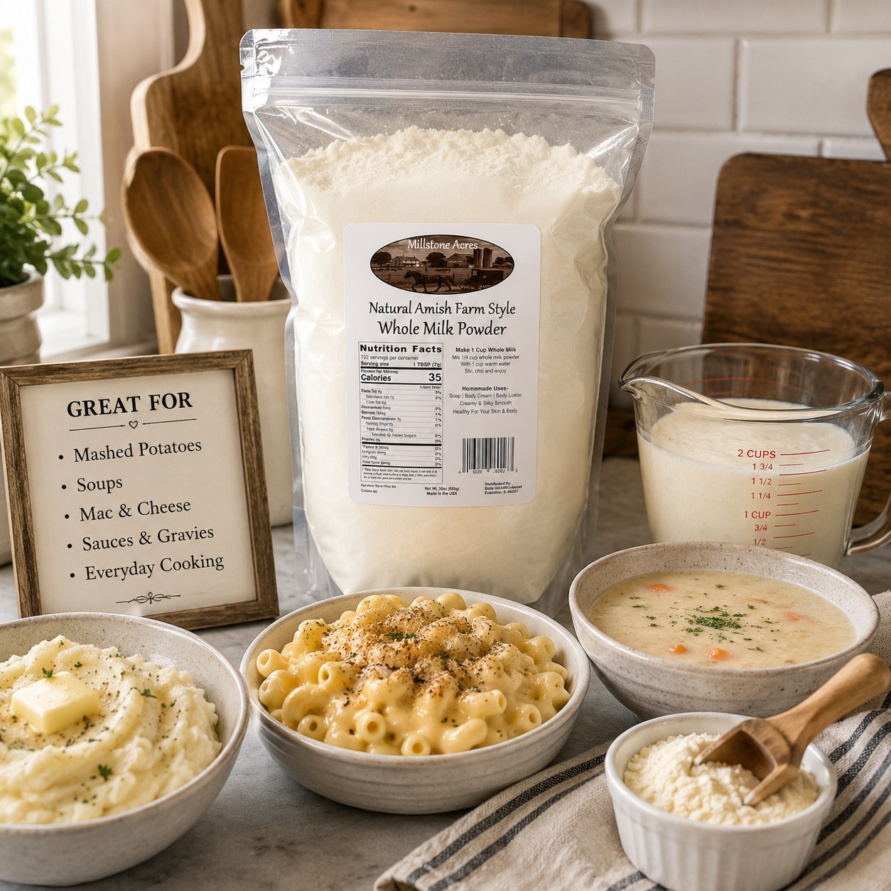 Millstone Acres Natural Whole Milk Powder displayed with creamy homemade soup, mashed potatoes, macaroni and cheese, and cooking ingredients in a bright farmhouse kitchen.