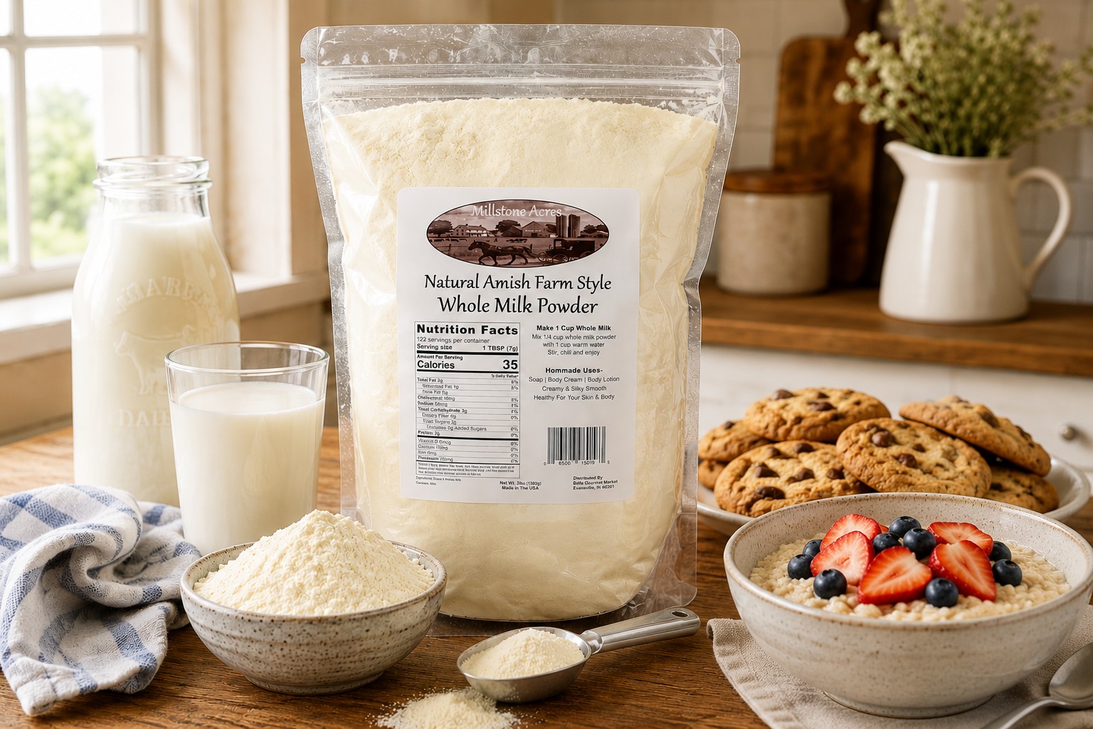 Millstone Acres Natural Whole Milk Powder displayed with a glass of milk, oatmeal topped with strawberries and blueberries, homemade cookies, and whole milk powder in a bright farmhouse kitchen.
