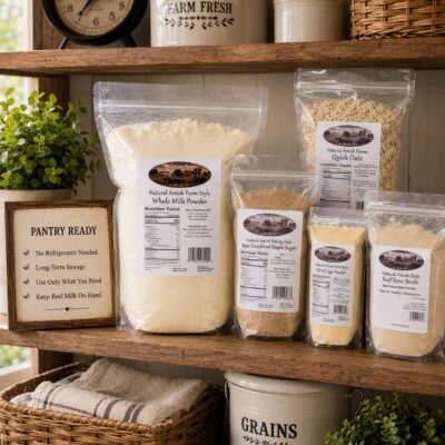 millstone-acres-natural-whole-milk-powder-pantry-storage-square Millstone Acres Natural Whole Milk Powder displayed with Millstone Acres Quick Oats, Maple Sugar, Whole Egg Powder, and Beef Bone Broth on a farmhouse pantry shelf.