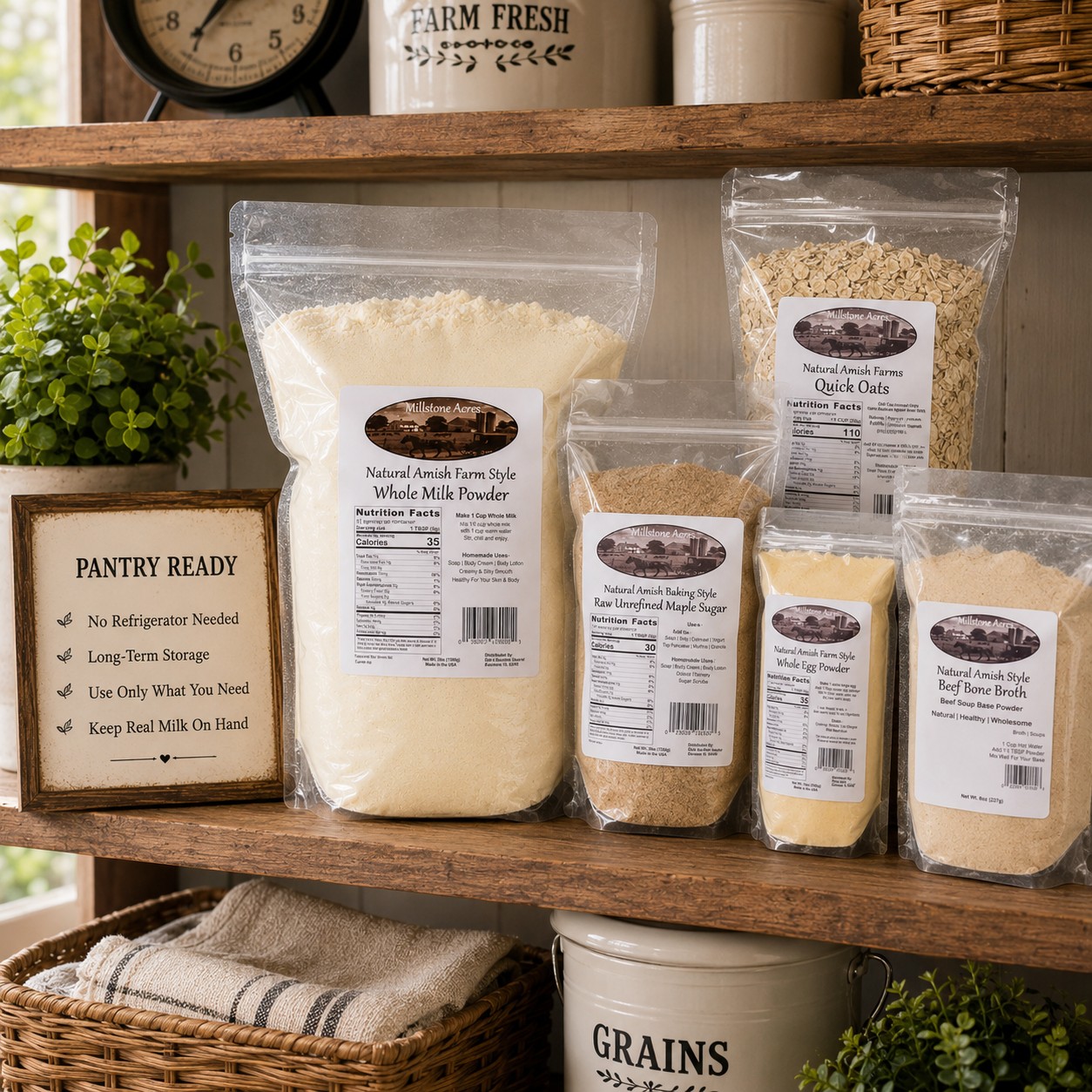 Millstone Acres Natural Whole Milk Powder displayed with other Millstone Acres pantry staples on a farmhouse pantry shelf.