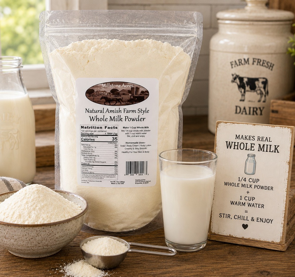 Millstone Acres Natural Whole Milk Powder displayed with a bowl of milk powder, measuring scoop, glass of milk, and farmhouse recipe card.