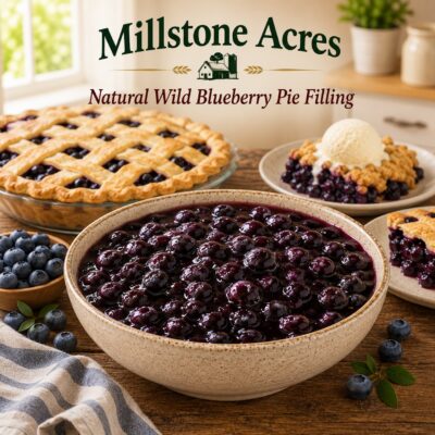 Millstone Acres Natural Wild Blueberry Pie Filling in a rustic ceramic bowl with fresh wild blueberries, blueberry pie, blueberry cobbler, and blueberry crisp in a bright farmhouse kitchen.