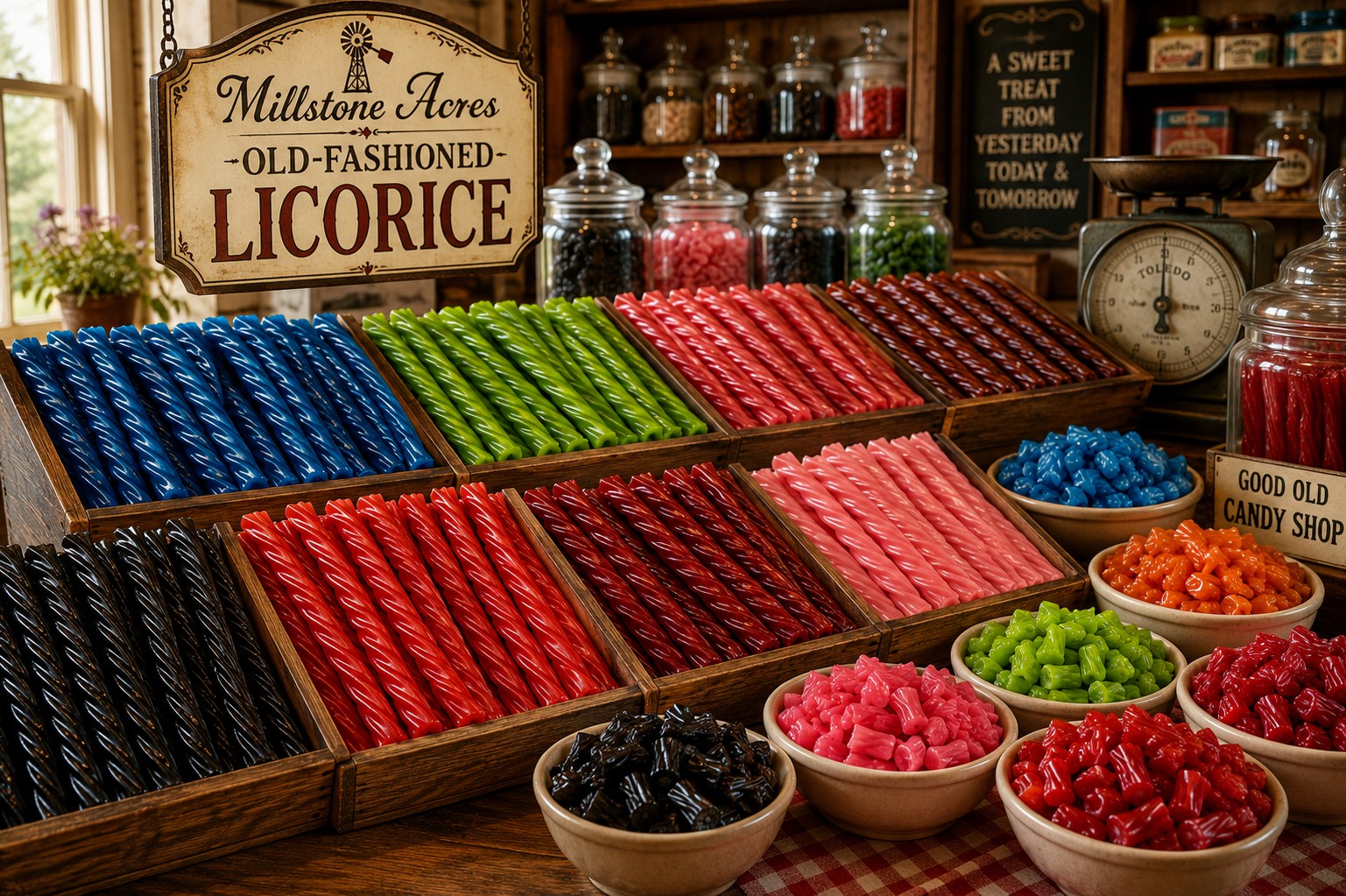 Millstone Acres Old-Fashioned Licorice display featuring colorful soft licorice twists and chewy licorice bits in multiple flavors arranged in nostalgic country candy store bins.