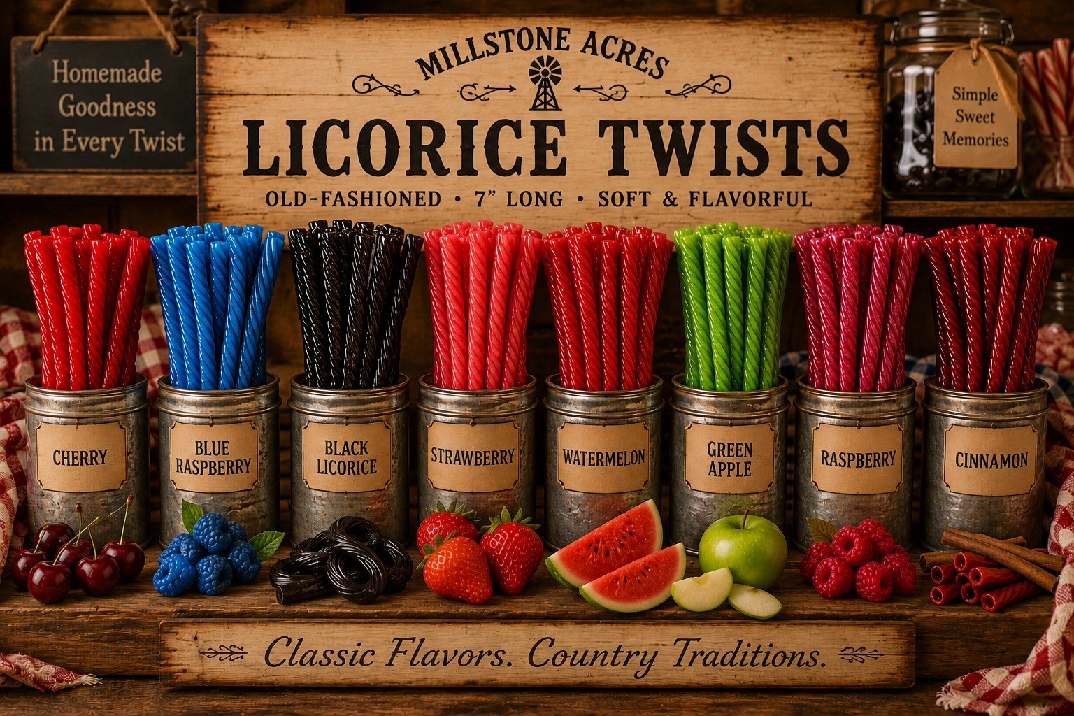 Millstone Acres Old Fashioned Licorice Twists display featuring colorful licorice twists in classic fruit, spice, and traditional flavors.
