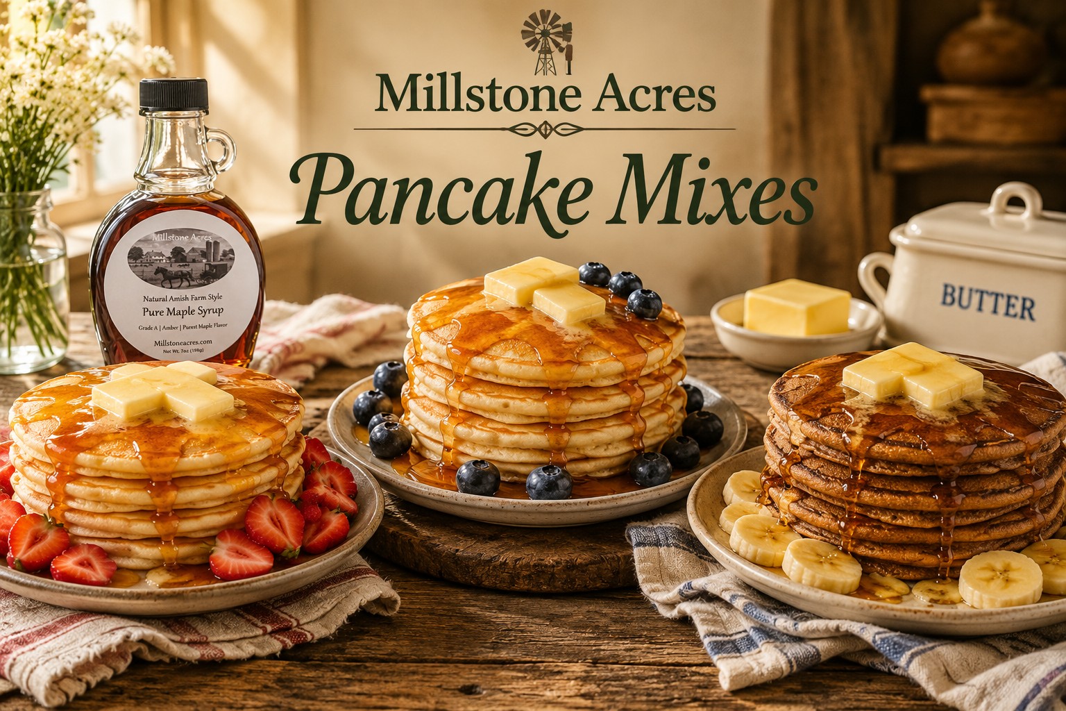 Millstone Acres homestyle Pancake Mixes featuring traditional, buttermilk, and buckwheat pancakes topped with melting butter, maple syrup, strawberries, blueberries, and bananas in a bright farmhouse kitchen.