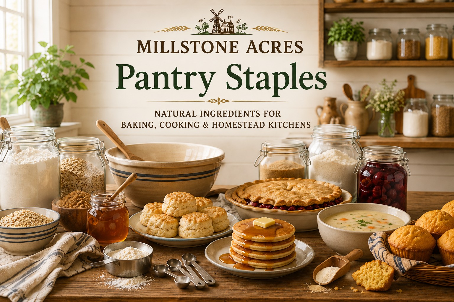 Millstone Acres natural pantry staples featuring dairy and egg powders, flours, oats, baking essentials, honey, and sweeteners in a bright farmhouse kitchen.