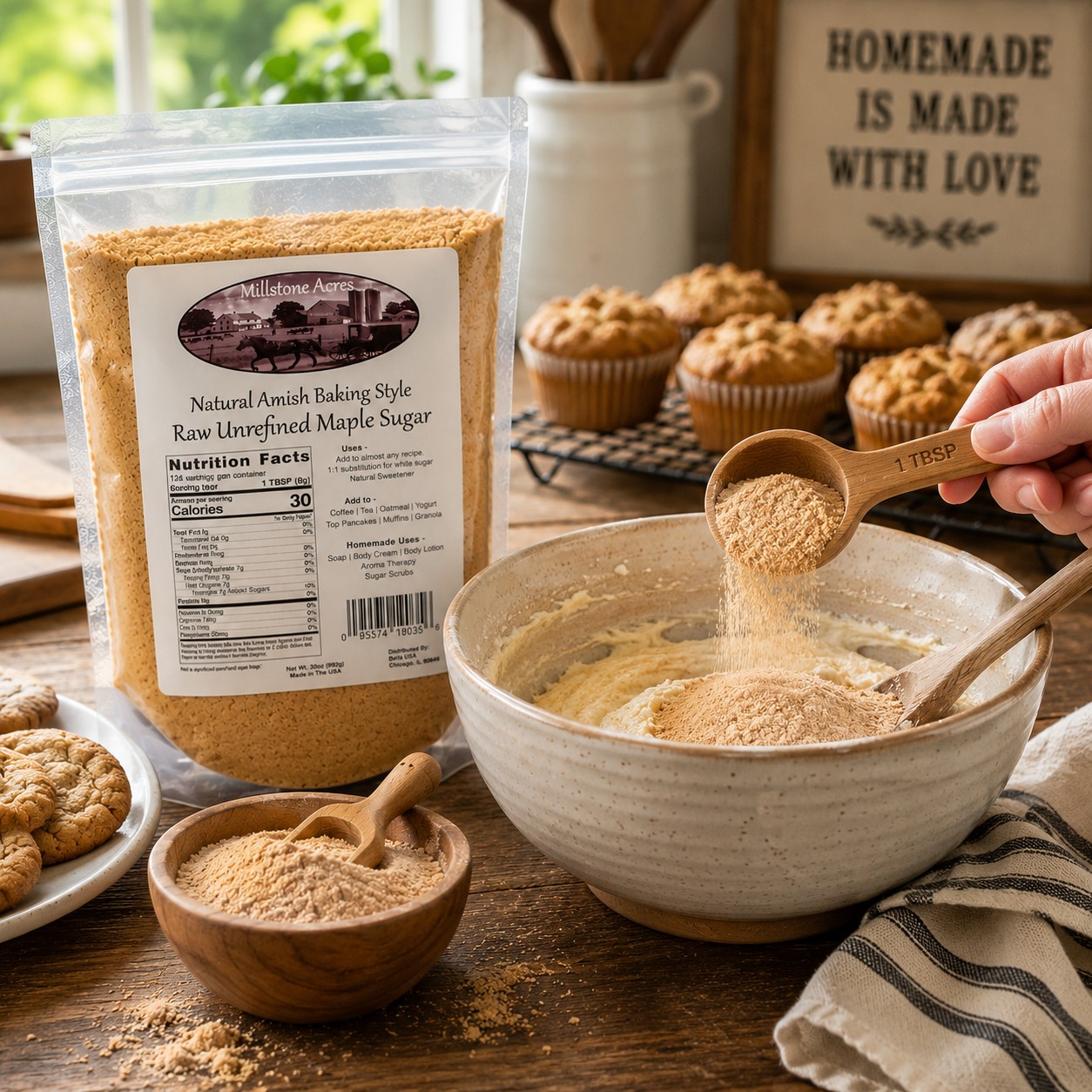 Millstone Acres Pure Maple Sugar Powder being measured into homemade batter with freshly baked muffins and cookies in a bright farmhouse kitchen.