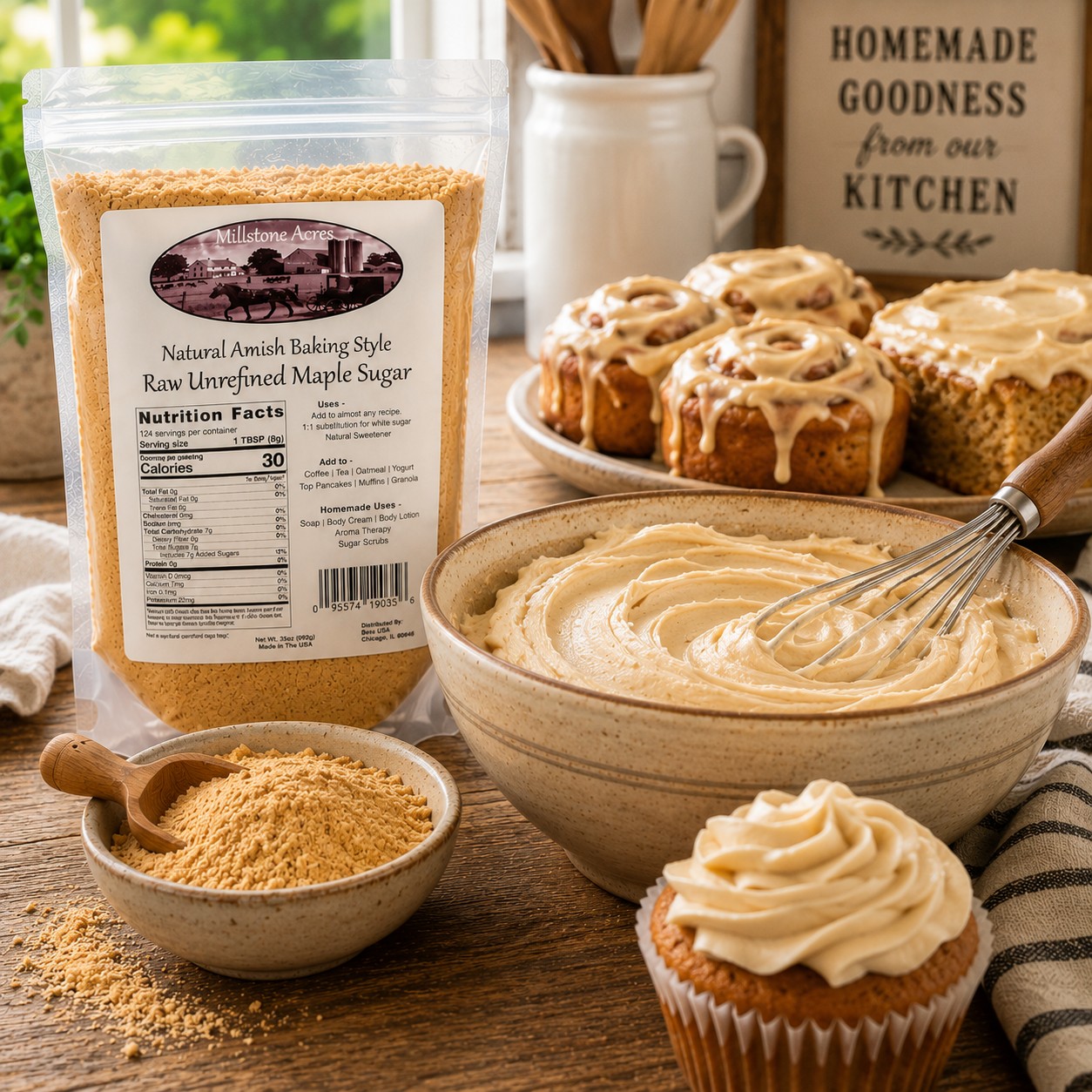 Millstone Acres Pure Maple Sugar Powder used to make homemade maple frosting and glaze for cupcakes, cinnamon rolls, and baked treats.