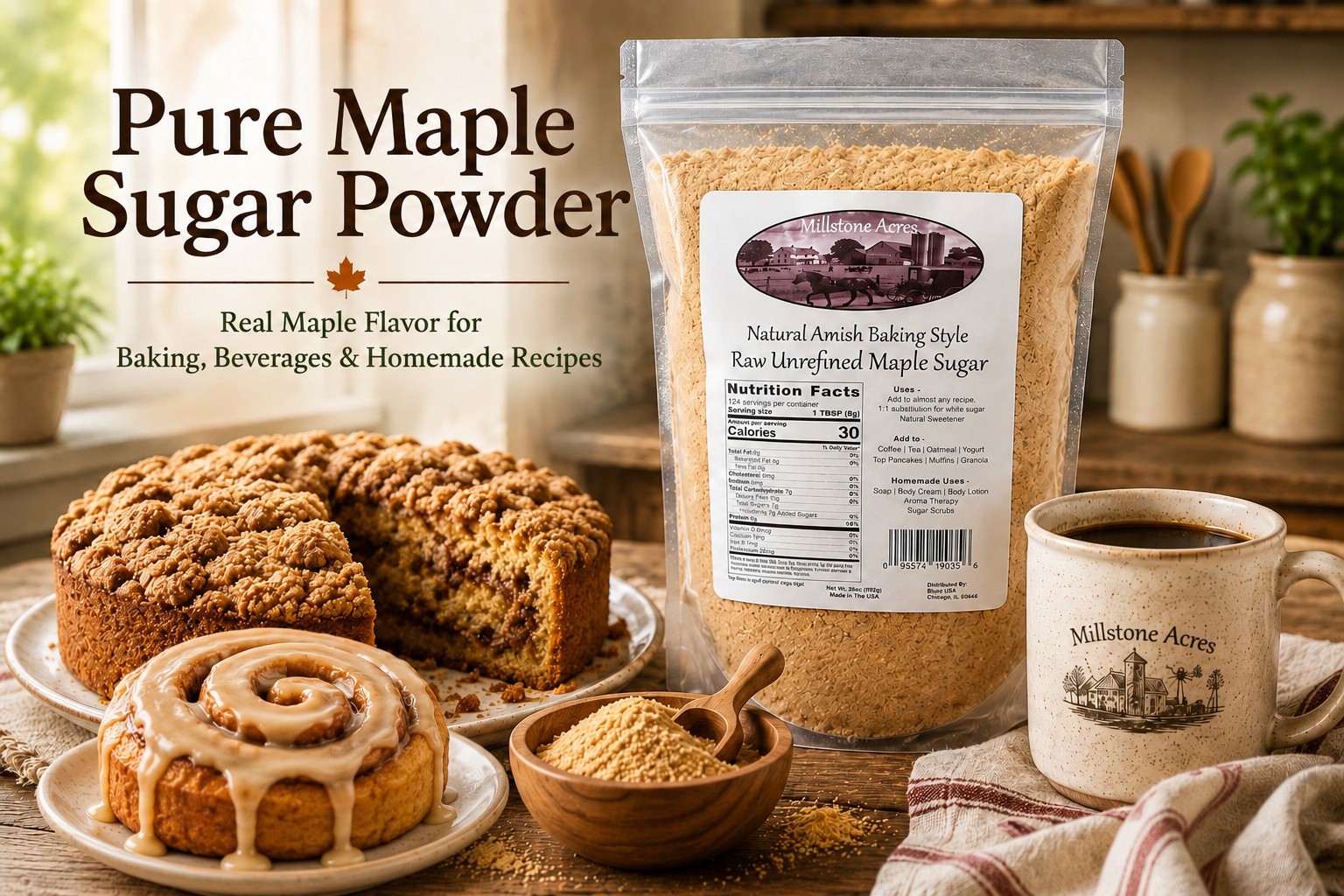 Millstone Acres Pure Maple Sugar Powder displayed beside maple-glazed cinnamon rolls, a hot cup of coffee, and a wooden bowl of maple sugar powder in a bright farmhouse kitchen.