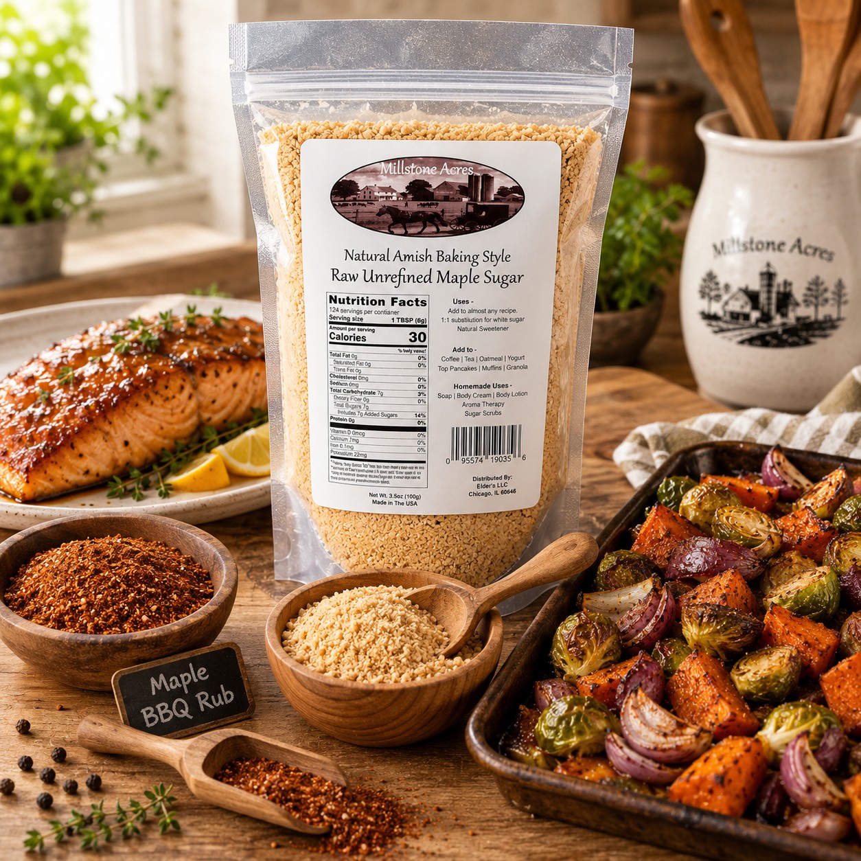 Millstone Acres Pure Maple Sugar Powder displayed with maple glazed salmon, homemade BBQ rub, roasted vegetables, and a bowl of maple sugar powder in a bright farmhouse kitchen.