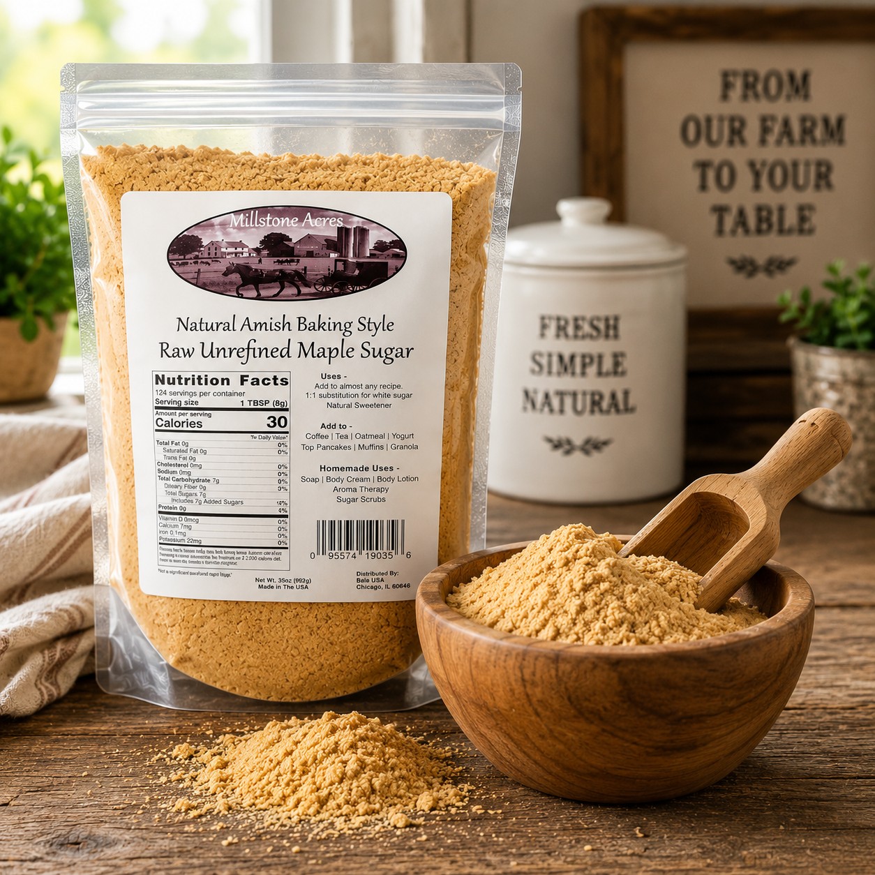 Millstone Acres Pure Maple Sugar Powder package displayed beside a wooden bowl and scoop filled with fine maple sugar powder in a bright farmhouse kitchen.