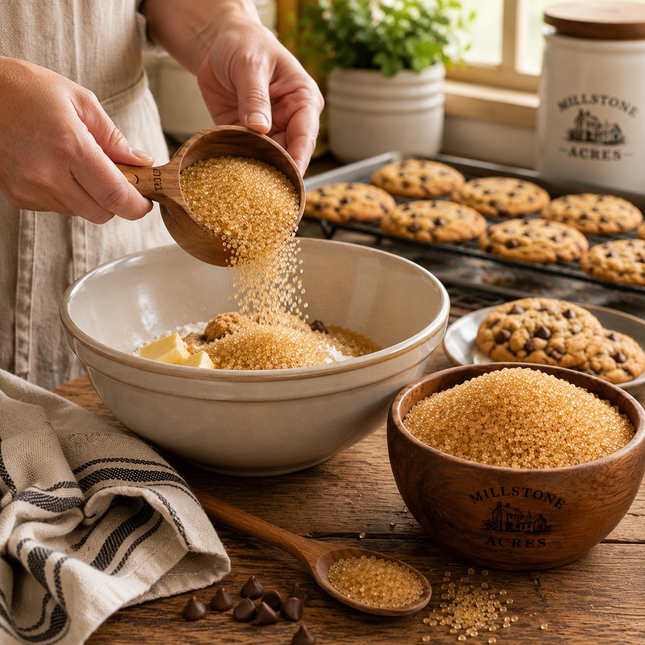 Millstone Acres Raw Unrefined Cane Sugar being measured into homemade cookie dough with freshly baked chocolate chip cookies in a bright farmhouse kitchen.
