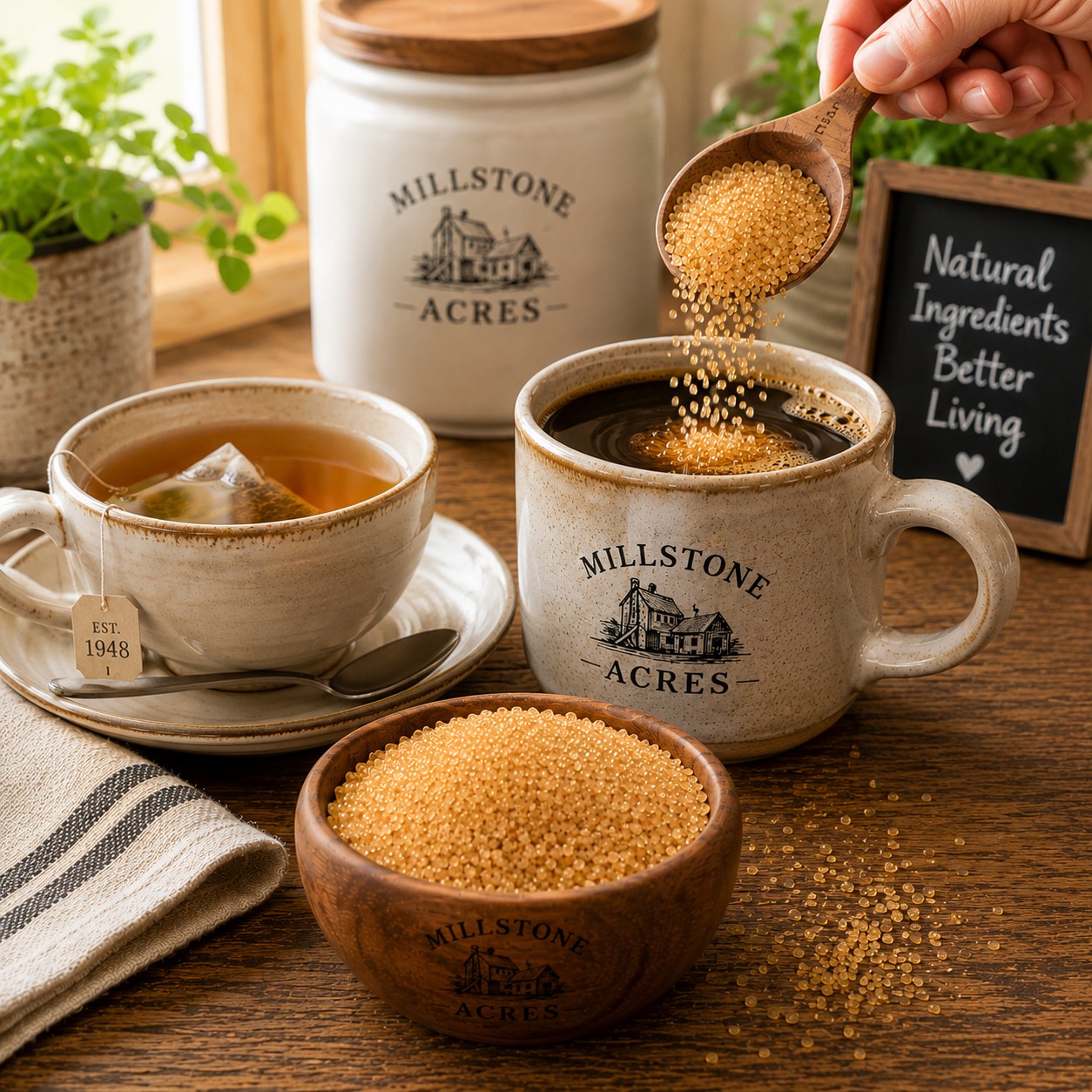 Millstone Acres Raw Unrefined Cane Sugar being added to coffee beside a cup of tea and a bowl of golden cane sugar in a bright farmhouse kitchen.