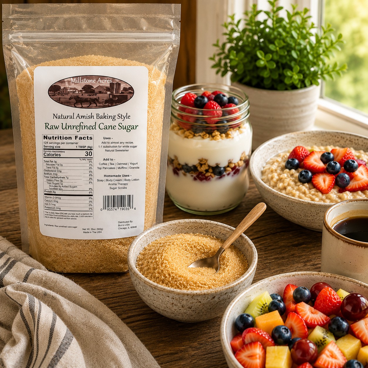 Millstone Acres Raw Unrefined Cane Sugar displayed with oatmeal, yogurt parfait, fresh fruit, and coffee on a bright farmhouse breakfast table.