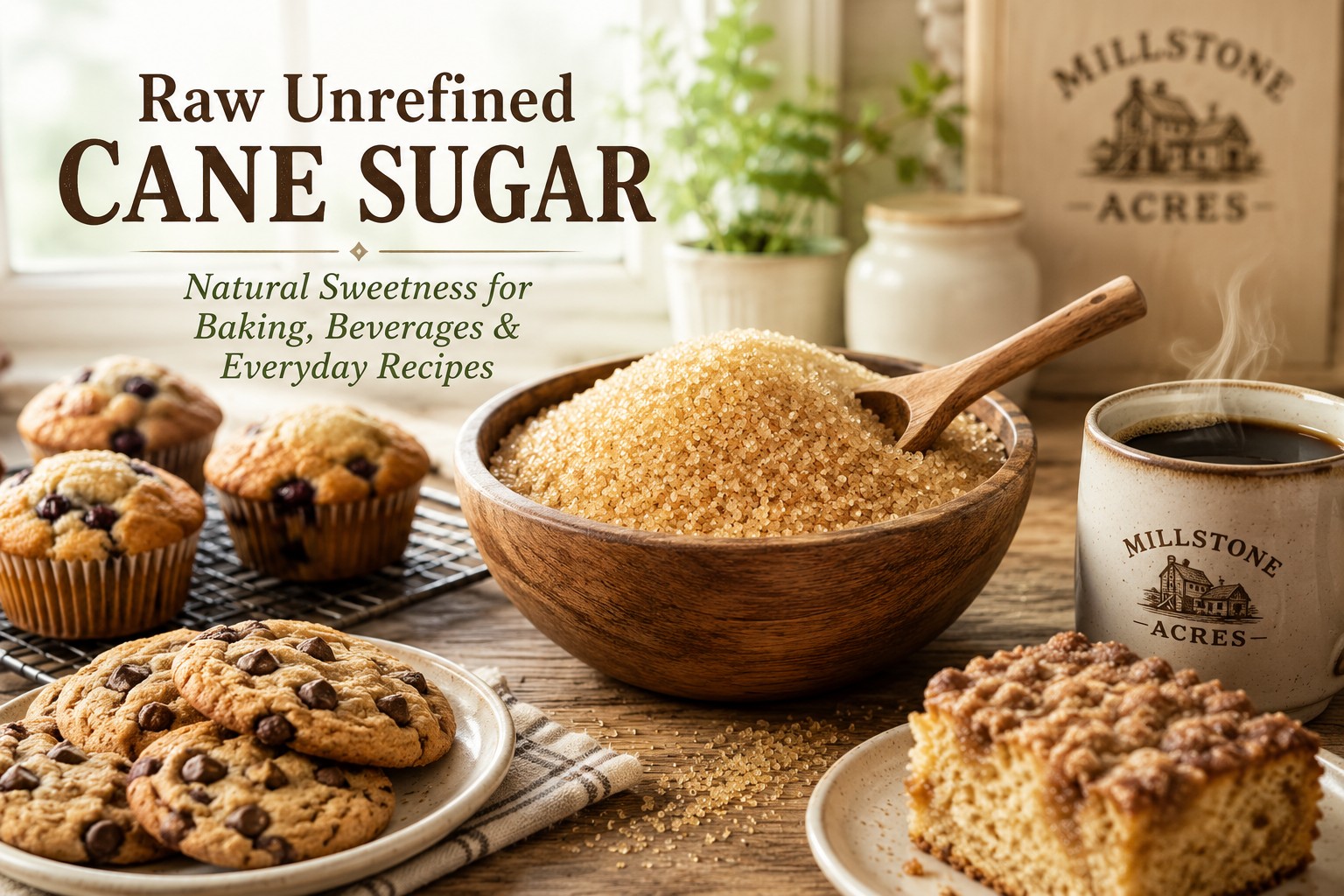 Millstone Acres Raw Unrefined Cane Sugar displayed in a wooden bowl surrounded by homemade cookies, blueberry muffins, coffee cake, and steaming coffee in a bright farmhouse kitchen.