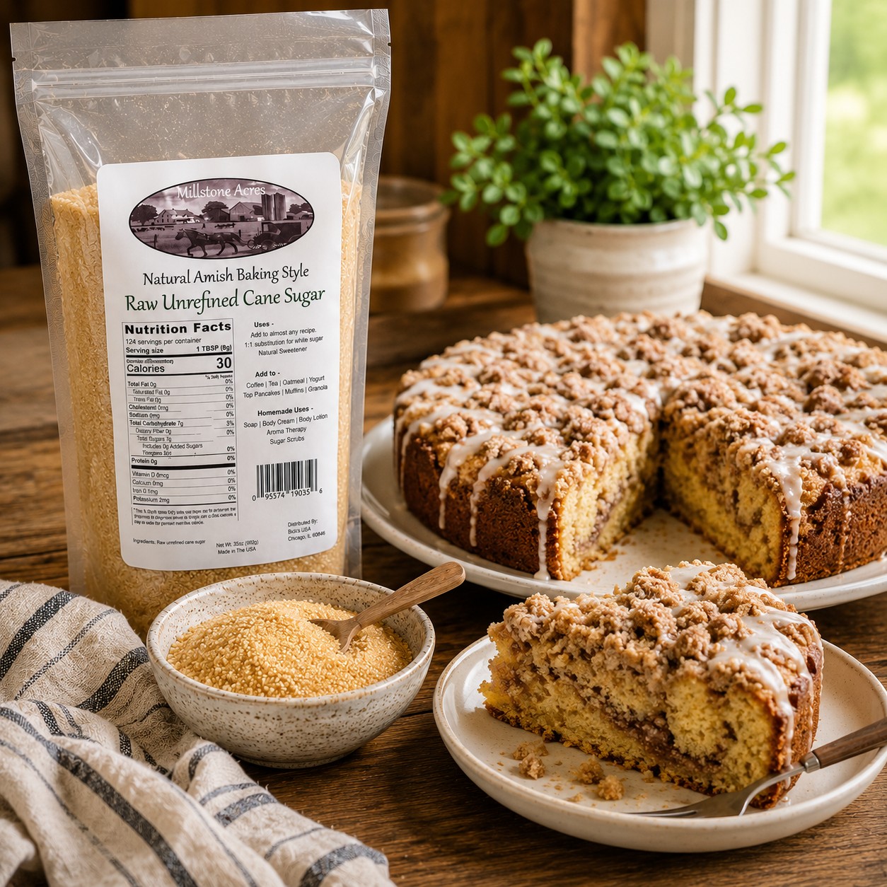 Millstone Acres Raw Unrefined Cane Sugar displayed beside a homemade crumb coffee cake in a bright farmhouse kitchen.