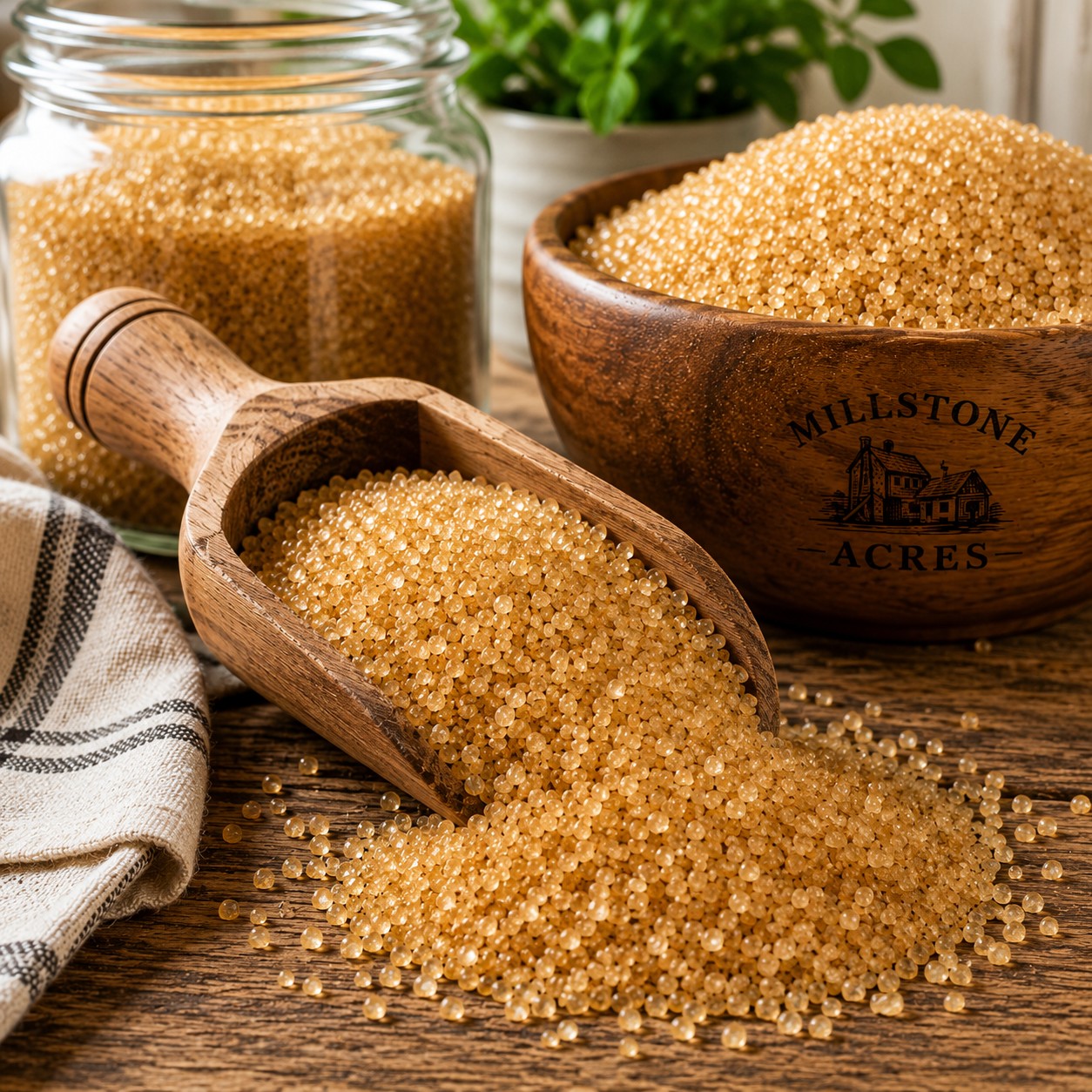 Millstone Acres Raw Unrefined Cane Sugar in a wooden scoop beside a wooden bowl and glass jar of natural golden cane sugar in a bright farmhouse kitchen.