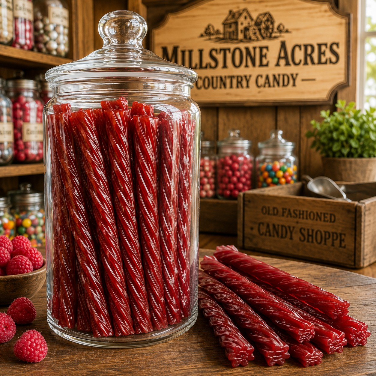 Red Raspberry Licorice Twists displayed in a vintage glass apothecary jar on a rustic candy-shop counter