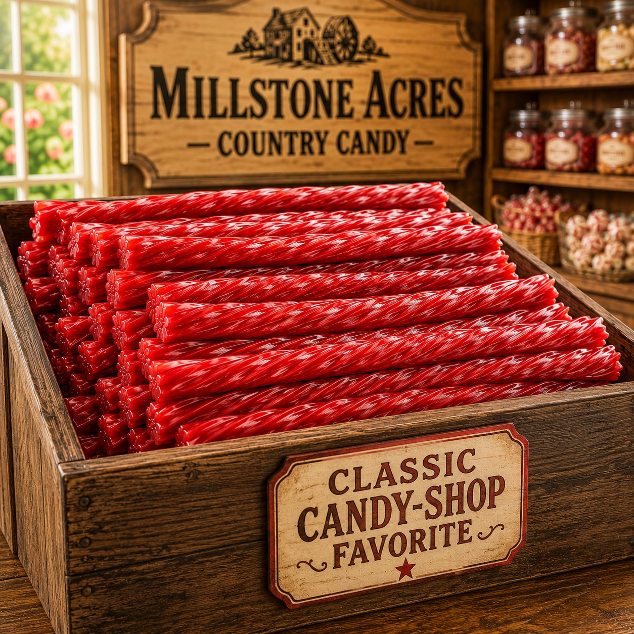 Red Raspberry Licorice Twists displayed in a vintage wooden candy bin inside a bright country candy shop