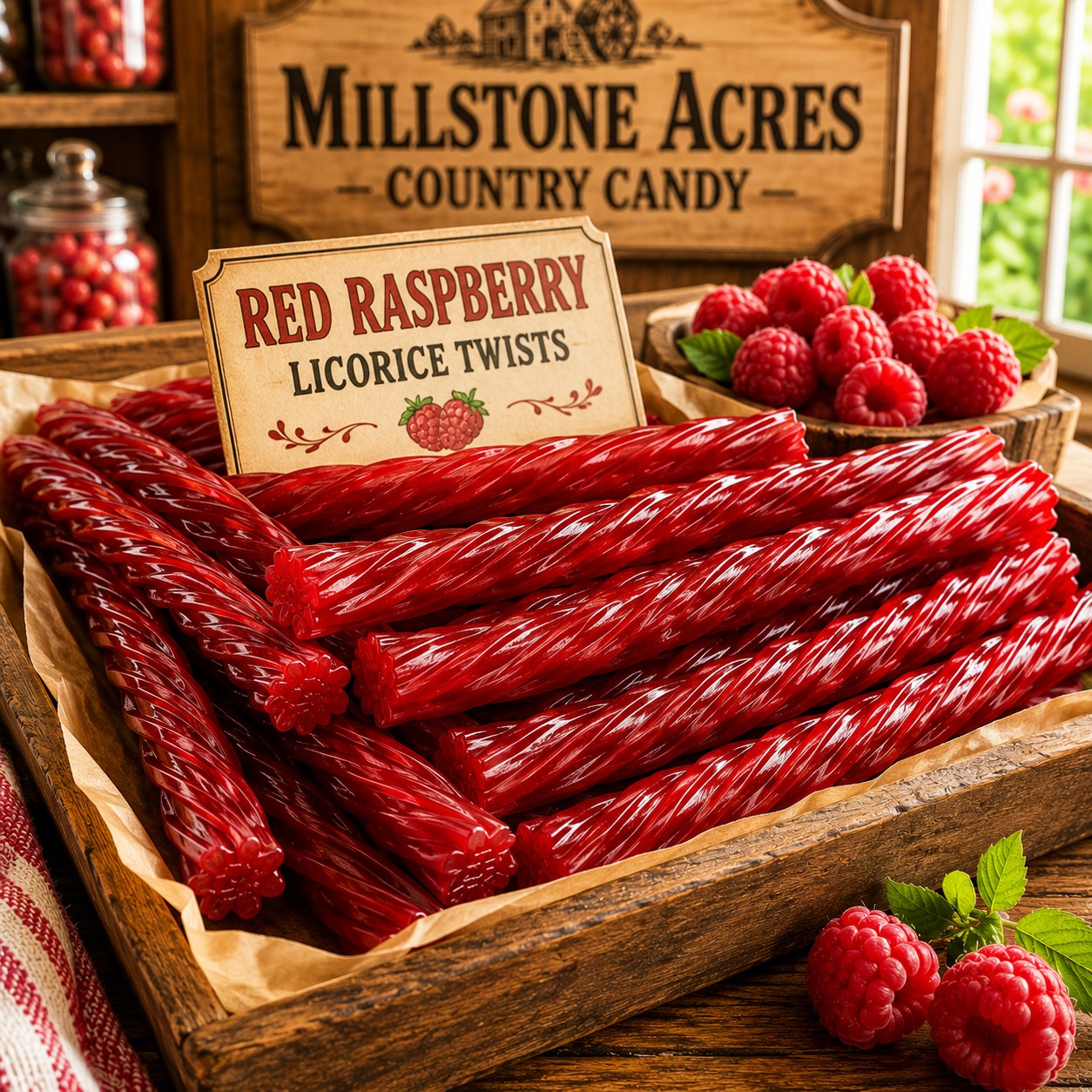 Red Raspberry Licorice Twists displayed in a rustic candy tray with a vintage flavor card and fresh raspberries