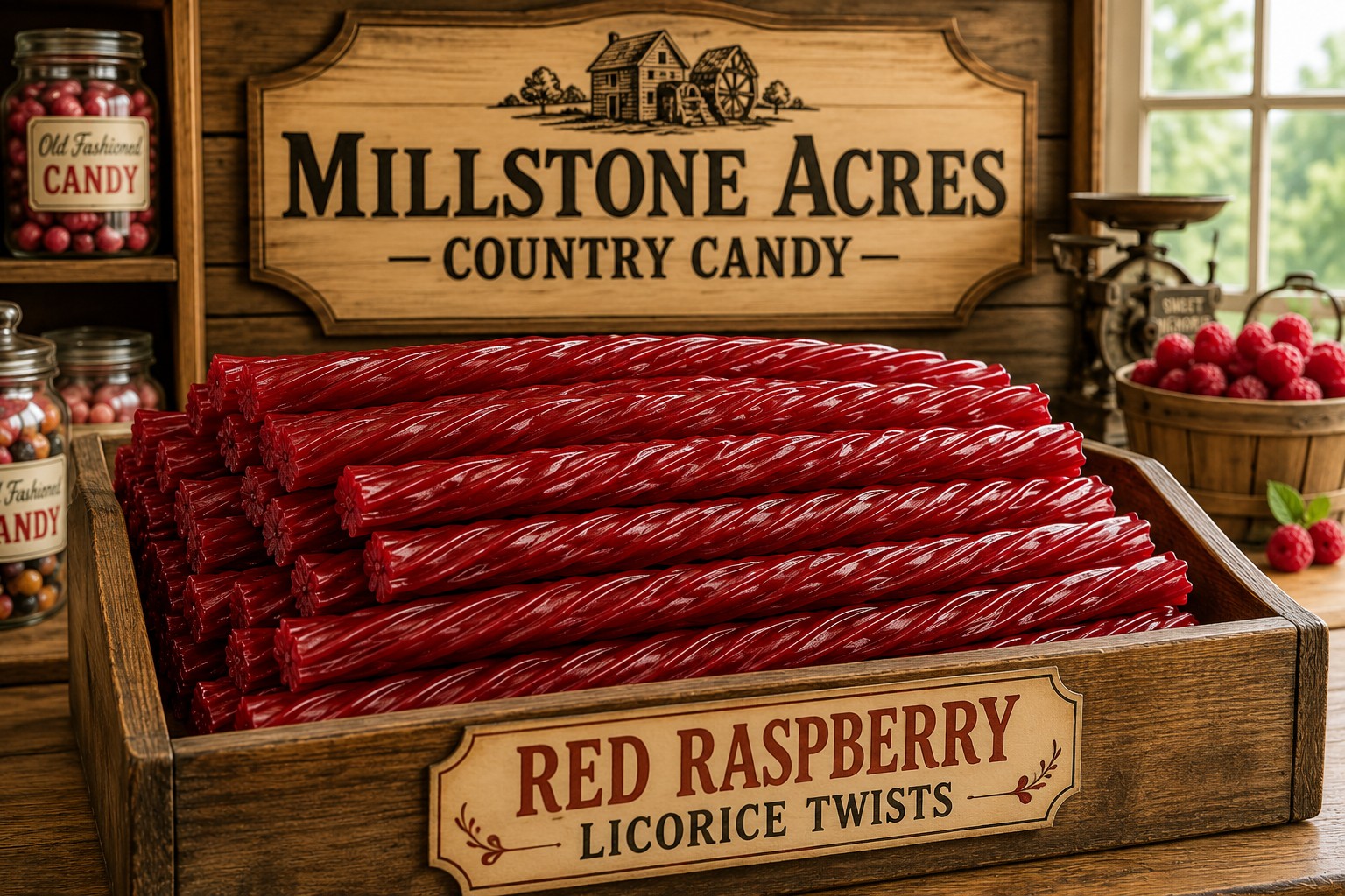 Red Raspberry Licorice Twists displayed in a rustic country candy shop with Millstone Acres signage