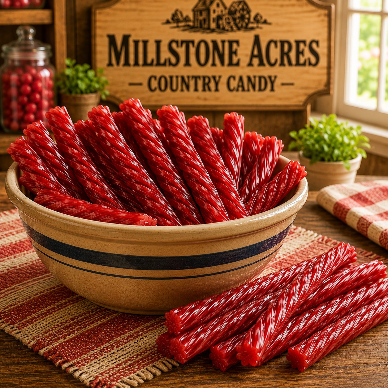 Red Raspberry Licorice Twists displayed in a farmhouse candy bowl on a rustic family gathering table