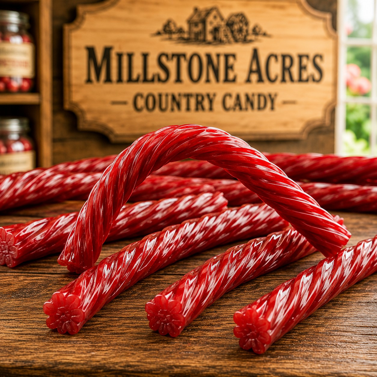 Red Raspberry Licorice Twists showing their soft chewy texture on a rustic farmhouse candy counter