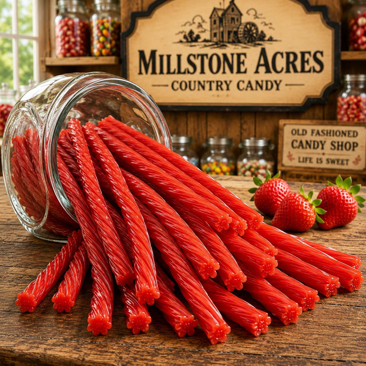 Strawberry Licorice Twists spilling from a glass candy jar onto a rustic candy-shop counter