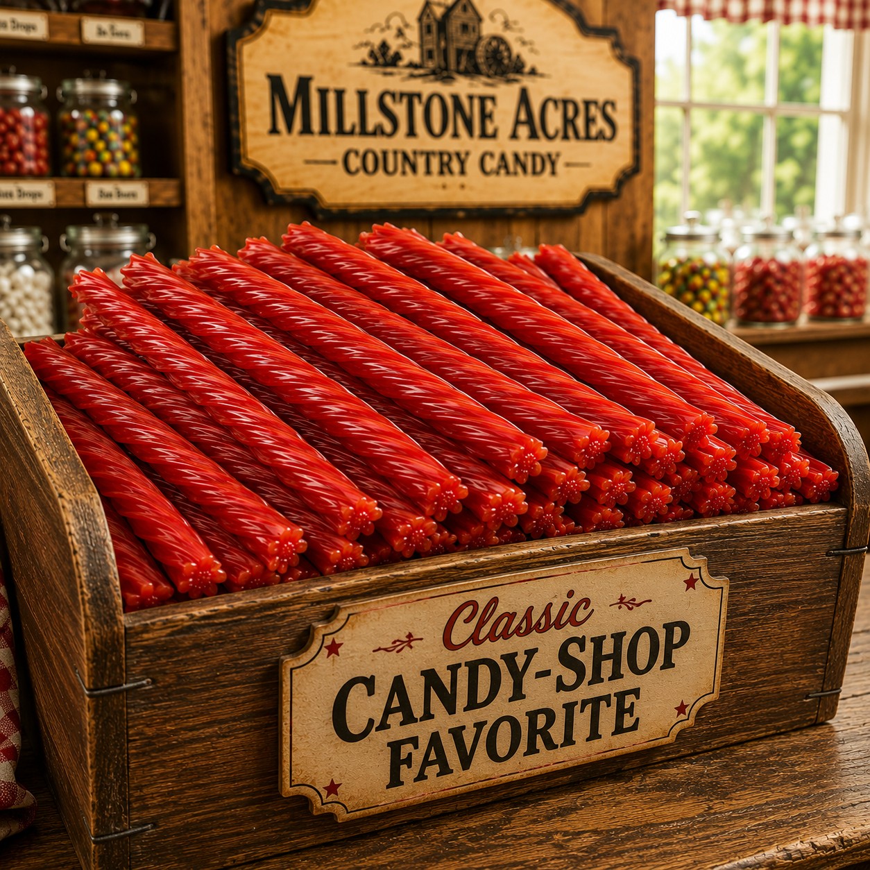 Strawberry Licorice Twists displayed in a vintage wooden candy bin inside a bright country candy shop
