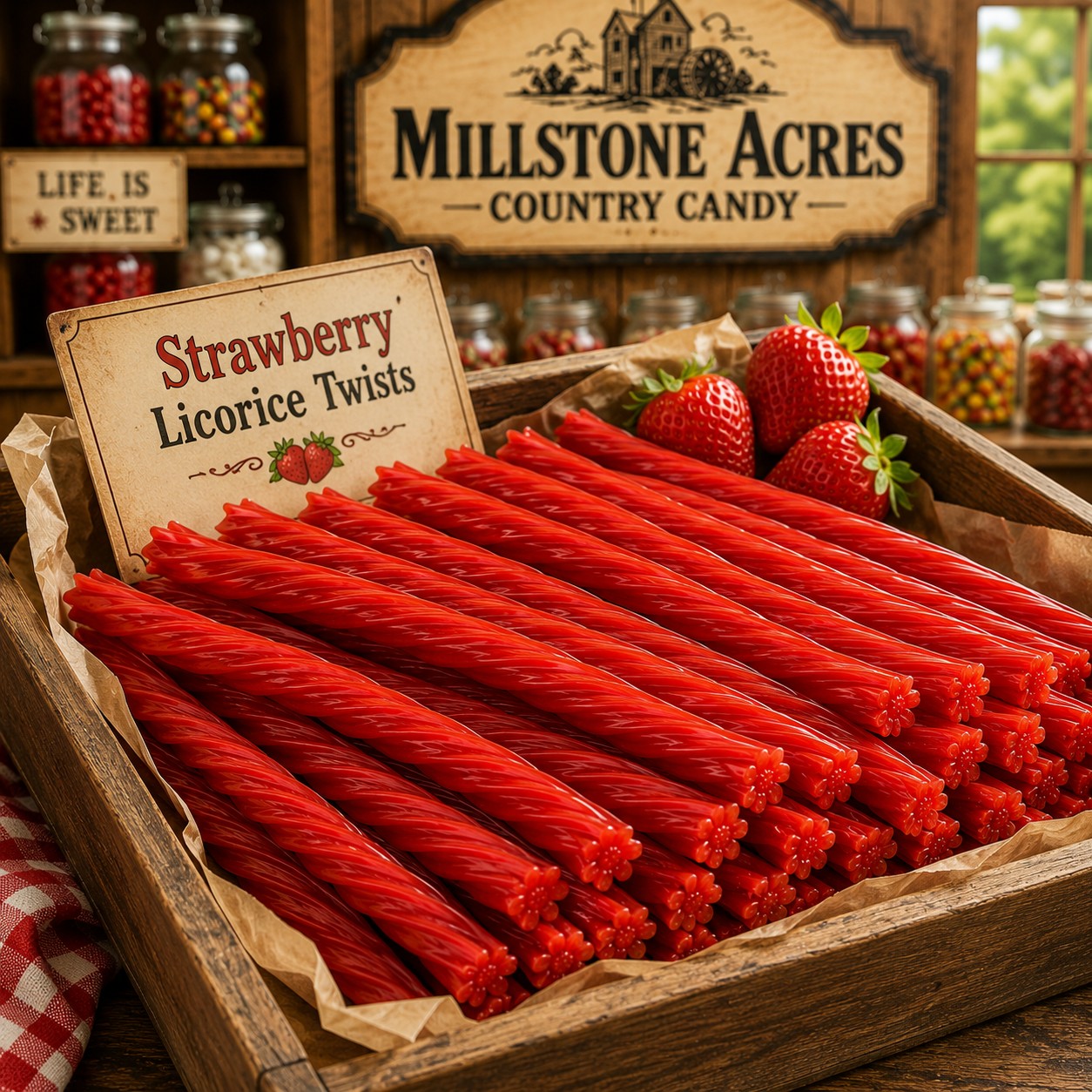 Strawberry Licorice Twists displayed in a rustic candy tray with a vintage flavor card and fresh strawberries