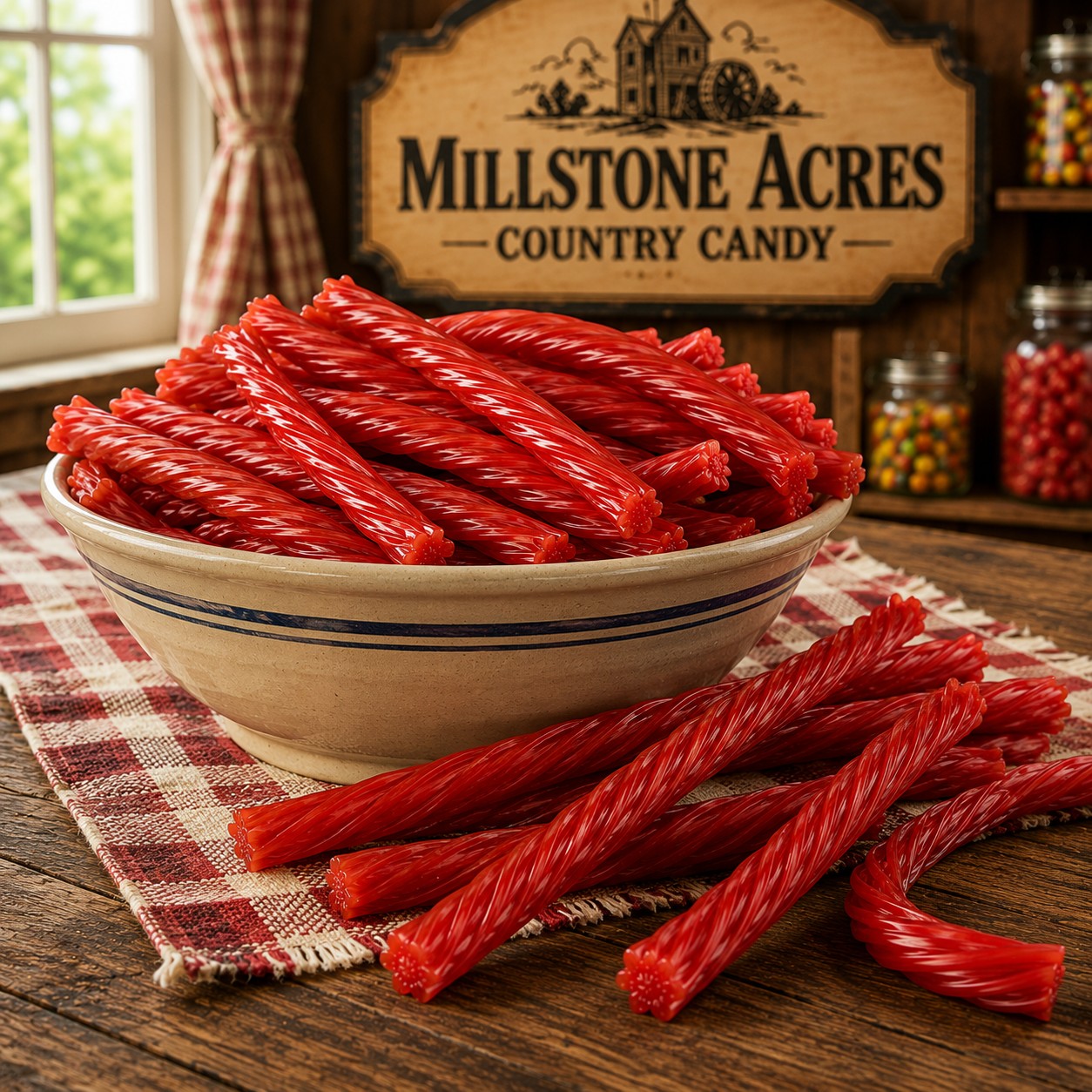 Strawberry Licorice Twists displayed in a farmhouse candy bowl on a rustic family gathering table