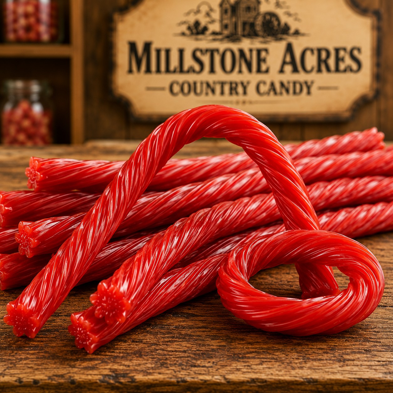 Strawberry Licorice Twists showing their soft chewy texture on a rustic farmhouse candy counter