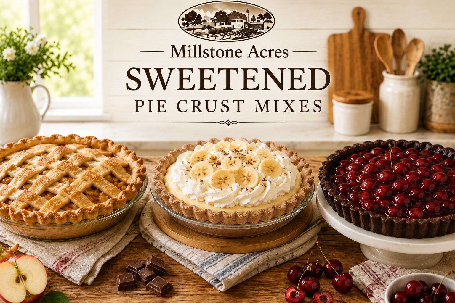 Millstone Acres Sweetened Pie Crust Mixes featuring Honey Sweetened, Chocolate, and Dark Chocolate Pie Crust Mixes for homemade pies, tarts, dessert bars, and baked desserts.
